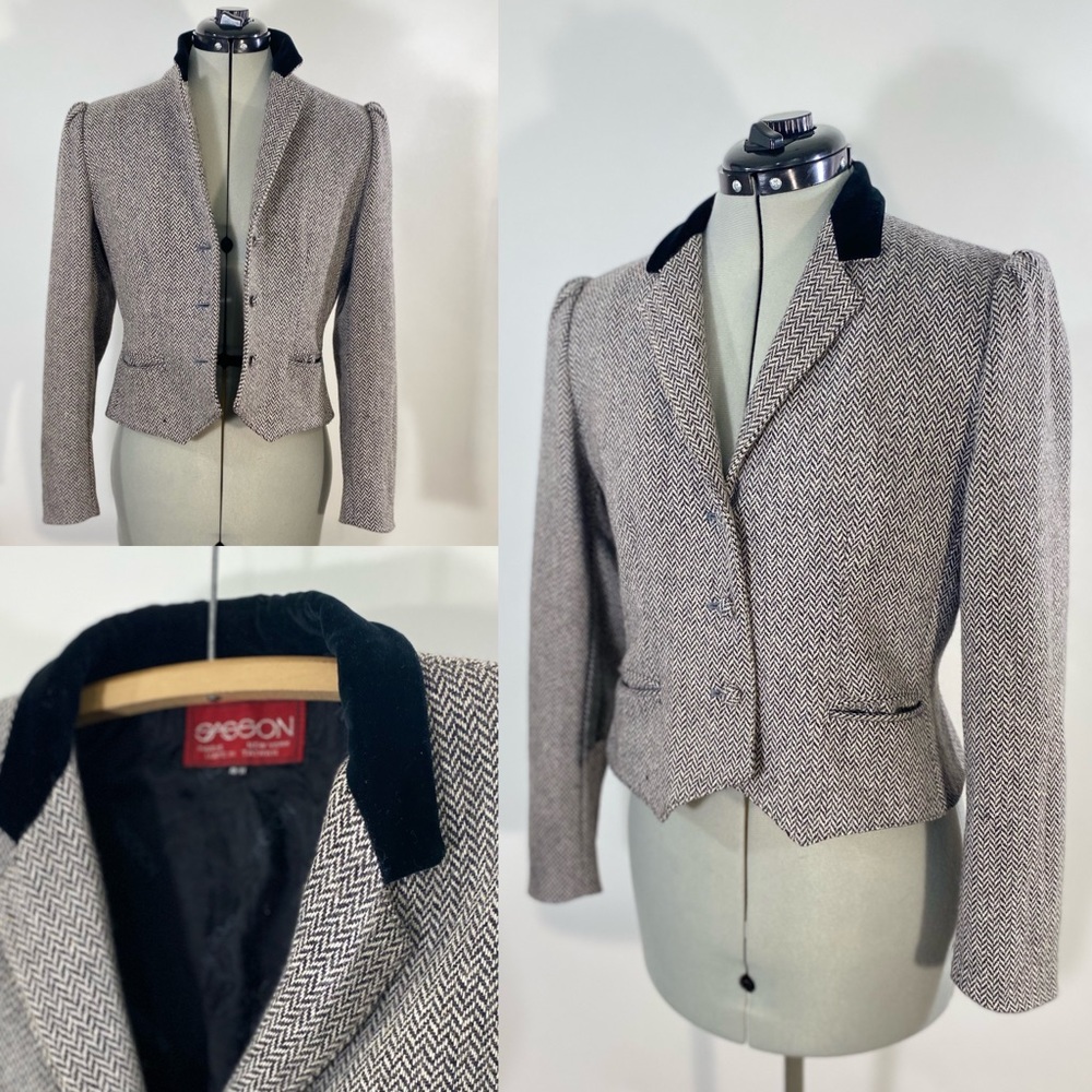 Vintage 80s Sasson Wool Angora Blazer Jacket Houndstooth and Velvet Collar Small